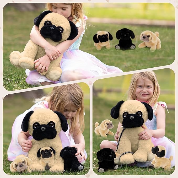 MorisMos Pug Dog Stuffed Animal with Babies,18'' Large Mommy Dog Push with Baby Puppy Toys for Kids,4Pcs Realistic Bulldog Toys for Girl Boy, Stuffed Pug Toy Gift for Birthday Christmas