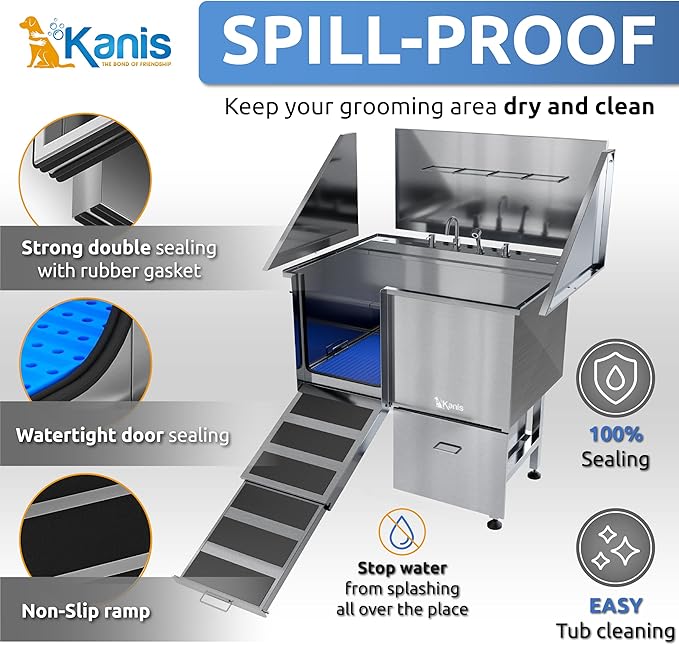 KANIS Professional Dog Washing Station - 304 Stainless Steel Pet Wash Sink & Grooming Bath Tub for Home with Ramp, Shower, Floor Grate, Storage Drawer, Faucet, Drain Kit for Large, Medium & Small Pets