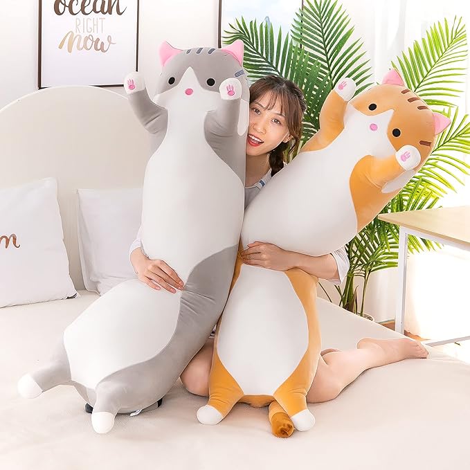 Cat Soft Plush Pillow Cute Cat Body Pillow, Long Stuffed Cat Plush Cat Stuffed Animal Toy Kitten Long Throw Pillow Gift for Kids Girlfriend(130cm, Grey)
