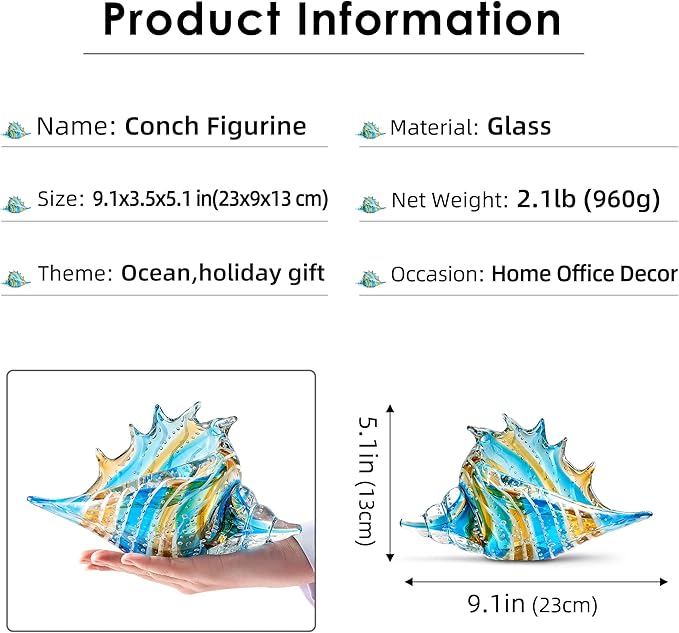 EUSTUMA Hand Blown Glass Conch Figurines Ornament,Sea Animal Ornament for Home Decor,Sea Animals Collection for Birthday Gift,Glass Seashell