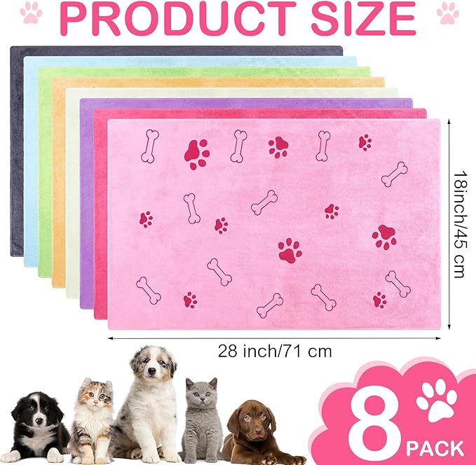 Chumia 8 Pcs Dog Towels for Drying Dogs Cats Pet Towels Bulk Puppy Microfiber Quick Drying Paw Bath Bathing Supplies Absorbent for Medium Pets(Sweet Color,18 x 28 Inch)