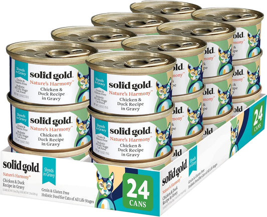 Solid Gold Wet Cat Food Shreds in Gravy - Healthy Canned Cat Food Made w/Real Chicken & Duck Shreds, Vitamins & Minerals - Grain Free & Gluten Free Canned Meals for Cats & Kittens - 24ct/3oz Can
