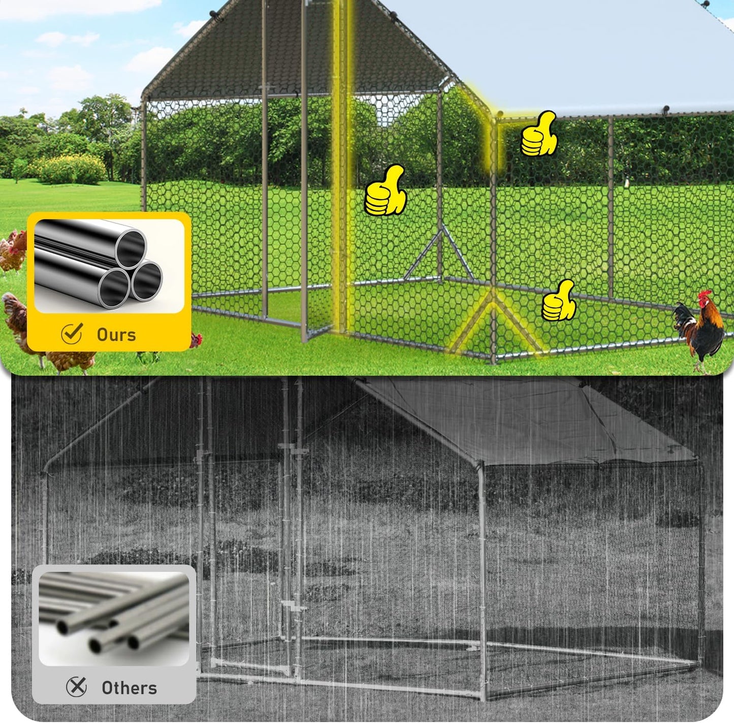 4ever2buy Large Metal Chicken Coop with Run Walk-in Poultry Cage Chicken Runs House Pen Cage Spire Roofed Chicken Coops with Anti-Ultraviolet Cover for Outdoor Backyard Farm Use 9.8’L x 6.6’W x 6.4’H