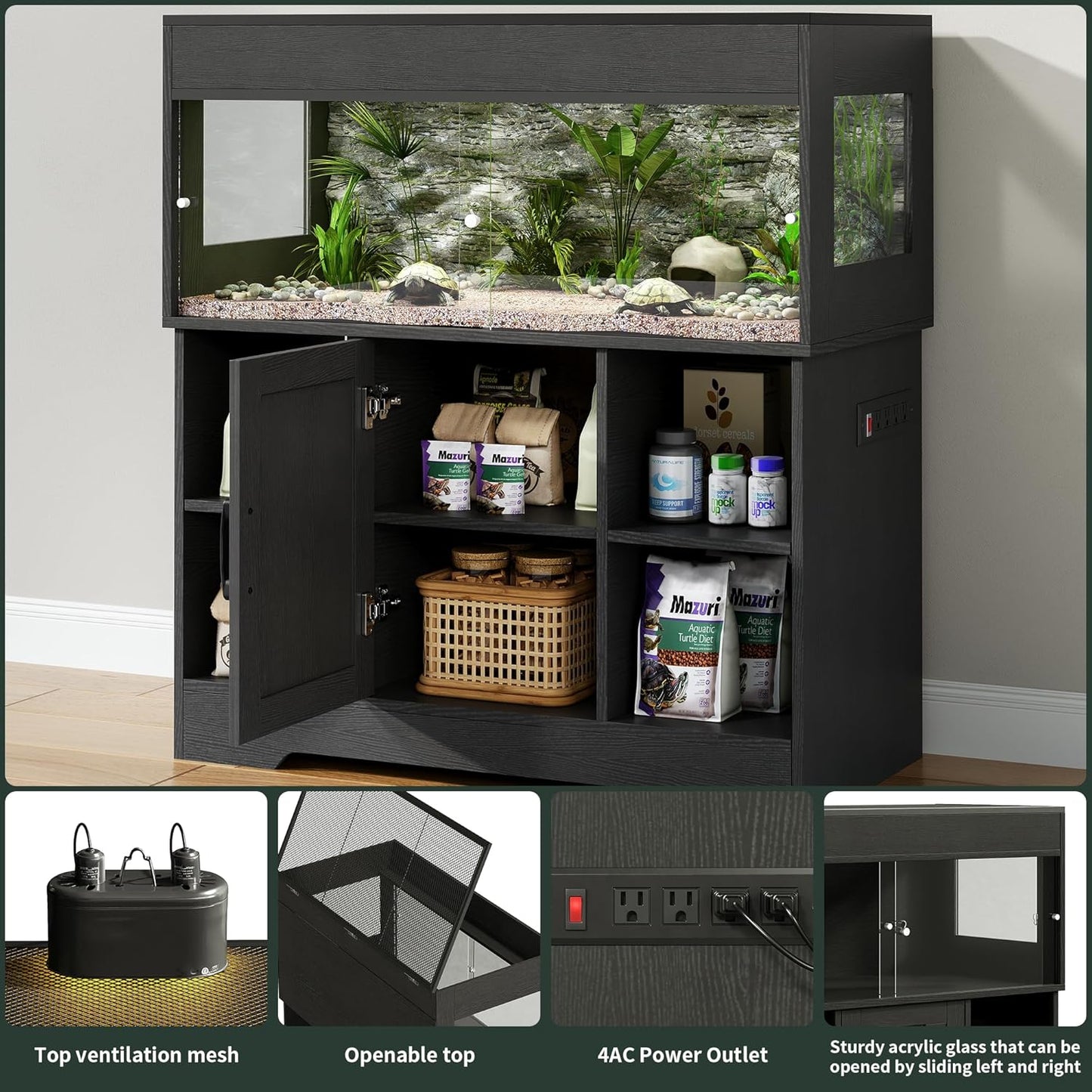 40 Gallon Reptile Terrarium Tank with Storage Cabinet, Reptile Tank with Stand, for Leopard Geckos, Corn Snakes, Juvenile Pets, Sliding Acrylic Doors, Mesh Top, Power Outlet, Black PX03RTB