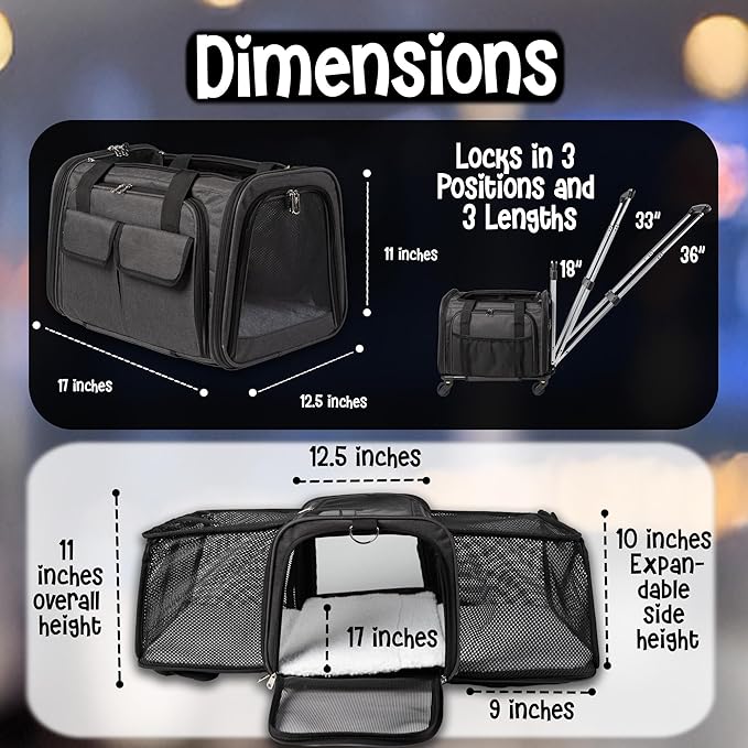 Pet Carrier with Wheels | United Delta American Frontier Airline Approved | Two Expandable Sides, Storage Pockets Adjustable Leash | Rolling Dog and Cat Carrier TSA Compliant (Charcoal)