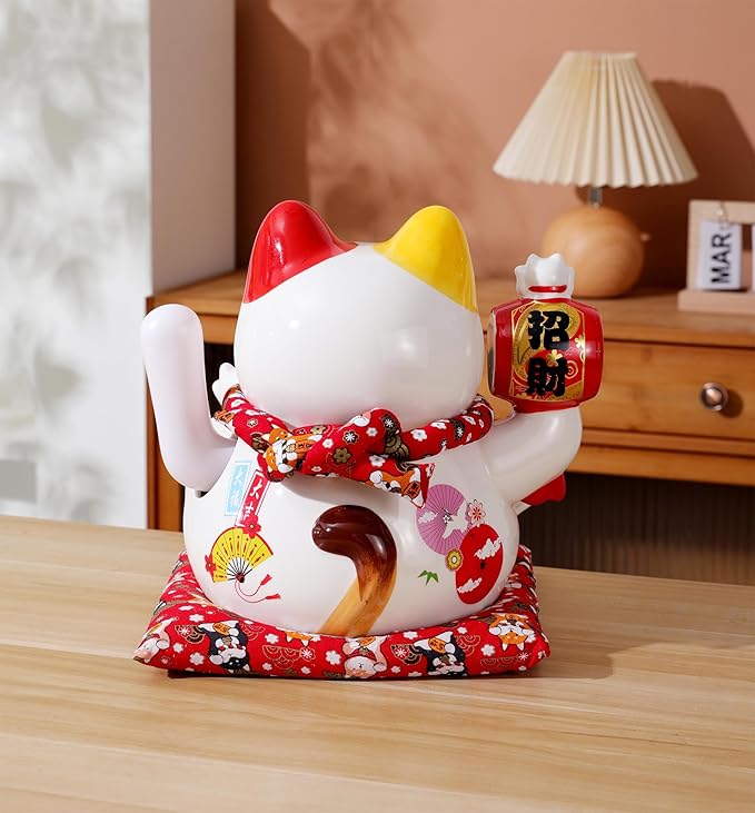 Large Ceramic Maneki Neko Beckoning Lucky Money Cat Waving Arm Good Feng Shui Fortune Happy Smiling Cat Figure 特大招財貓-招財進寶(Good Fortune)