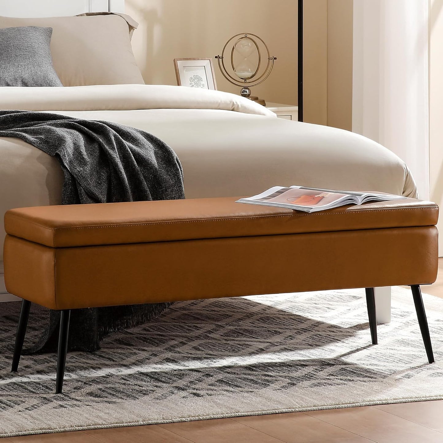 Leather Storage Ottoman Bench,End of Bed Bench for Living Room Bedroom Dinning Room Entryway,Mid-Century Modern,Faux Leather,with Steel Legs,Safety Hinges,Loads 660 lb (Without Button, Brown)