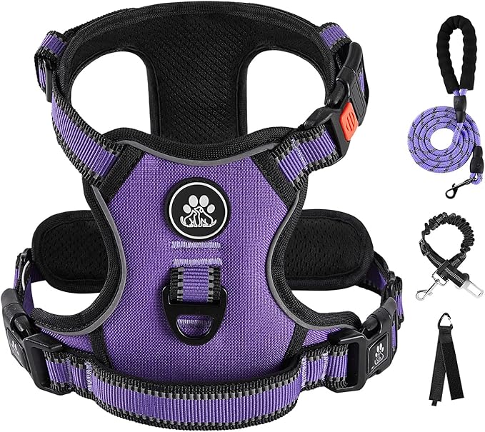 IVY&LANE No Pull Dog Harness for Large Dogs, Dog Vest Harness with Leash, Safety Belt and Storage Strap, Fully Adjustable Harness, 360° Reflective Strip, Soft Handle (Purple, L)
