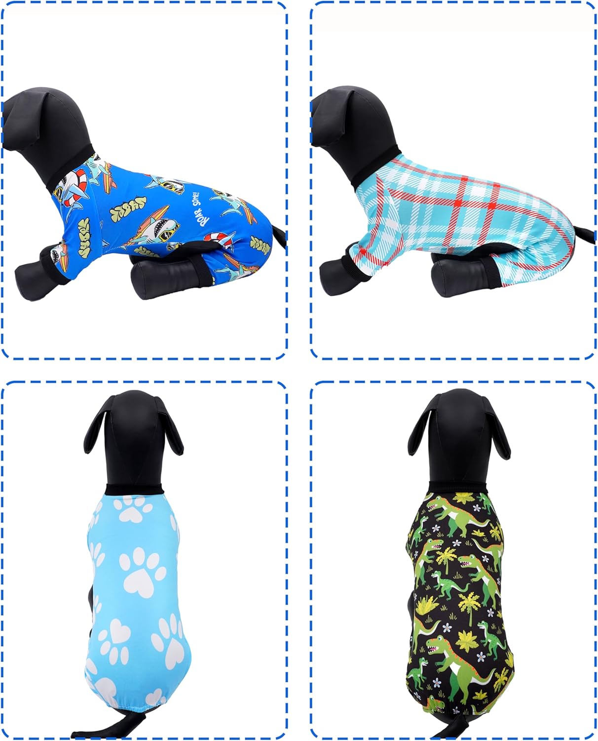 PET SHOW 4 Pack Dog Pajamas Dinosaur Shark for Medium Large Dogs Boy Soft Stretchy PJs Plaid Jumpsuit Dog Paw Onesies Outfits with Sleeve Pets Breathable Summer Clothes Costume XXL