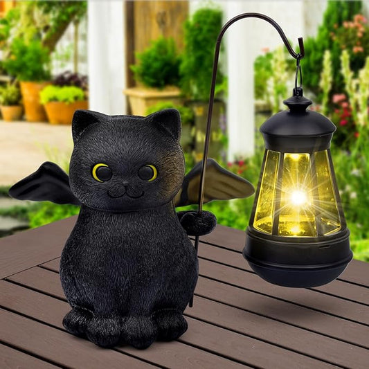 Solar Garden Statue Cat Figurine, Angel Black Cat Statues Garden Decor with LED Light Outdoor Statue for Patio Balcony Lawn Ornament, Housewarming Garden Gifts for Mom Dad Grandma