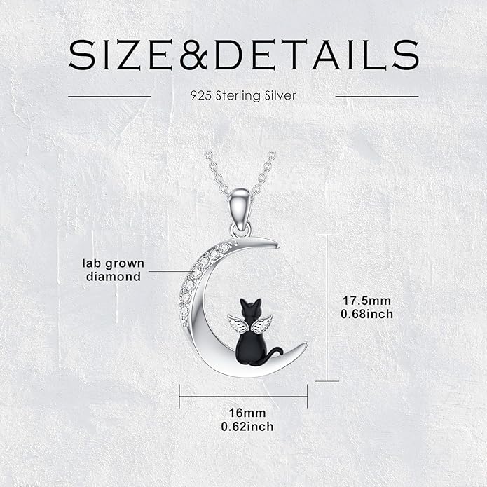 Diamond Moon and Cat Necklace for Women 925 Sterling Silver Cat Angel on the Moon Pendant with Lab Grown Diamonds Cat Angel Memorial Jewelry Gifts for Cat Lover