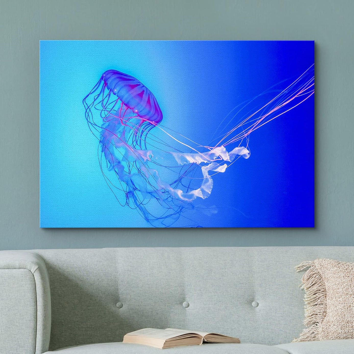 wall26 Canvas Print Wall Art Vibrant Neon Blue Pink Jellyfish Deep Sea Nature Animals Photography Realism Rustic Scenic Landscape Wilderness Earth Colorful for Living Room, Bedroom, Office - 12"x18"