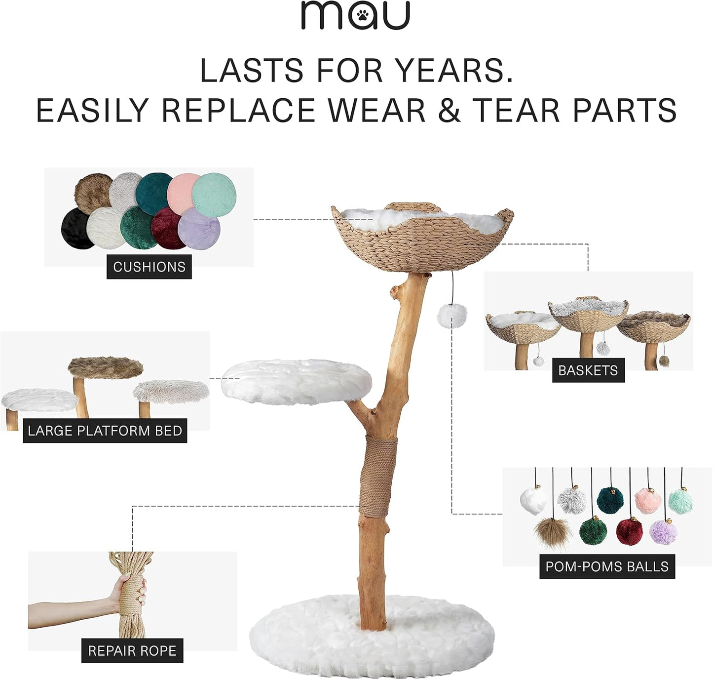 Wooden Cat Climbing Tree Tower, Modern Single Branch Cat Condo, Wood, Cat Lover Furniture Gift by MAU LIFESTYLE (Alpine White)