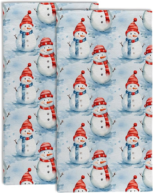 Christmas Snowman Bathroom Hand Towel Set of 2,Cute Winter Snowmans Soft Absorbent Decorative Fingertip Kitchen Towel for Bedroom Kitchen Hotel Home Deco