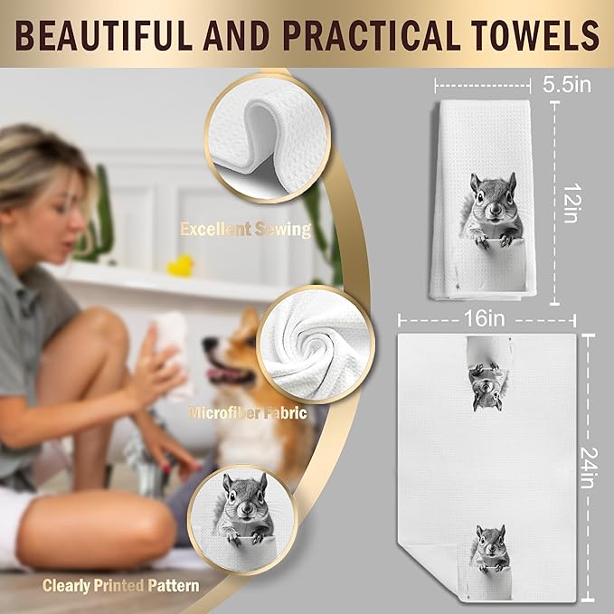 Funny Squirrel Hand Towels for Bathroom Decor, Squirrel Lover Lover Gifts, Funny Kids Bathroom Hand Towels, Funny Kitchen Towels, 16x24 Inches