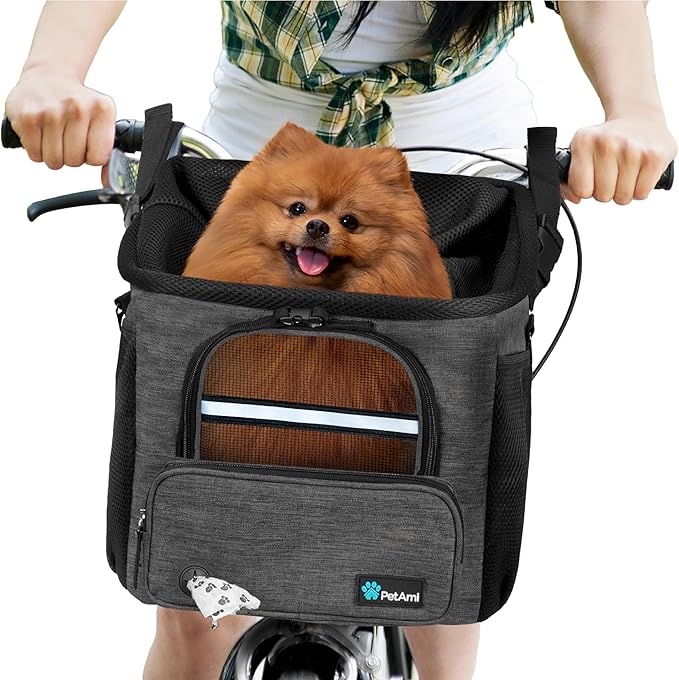 PetAmi Dog Bike Basket, Soft-Sided Ventilated Dog Bike Carrier Backpack, Pet Bicycle Basket for Bike Handlebar, Small Medium Puppy Cat Kitten Car Booster Seat with Safety Strap, Max 18 lbs, Dark Gray
