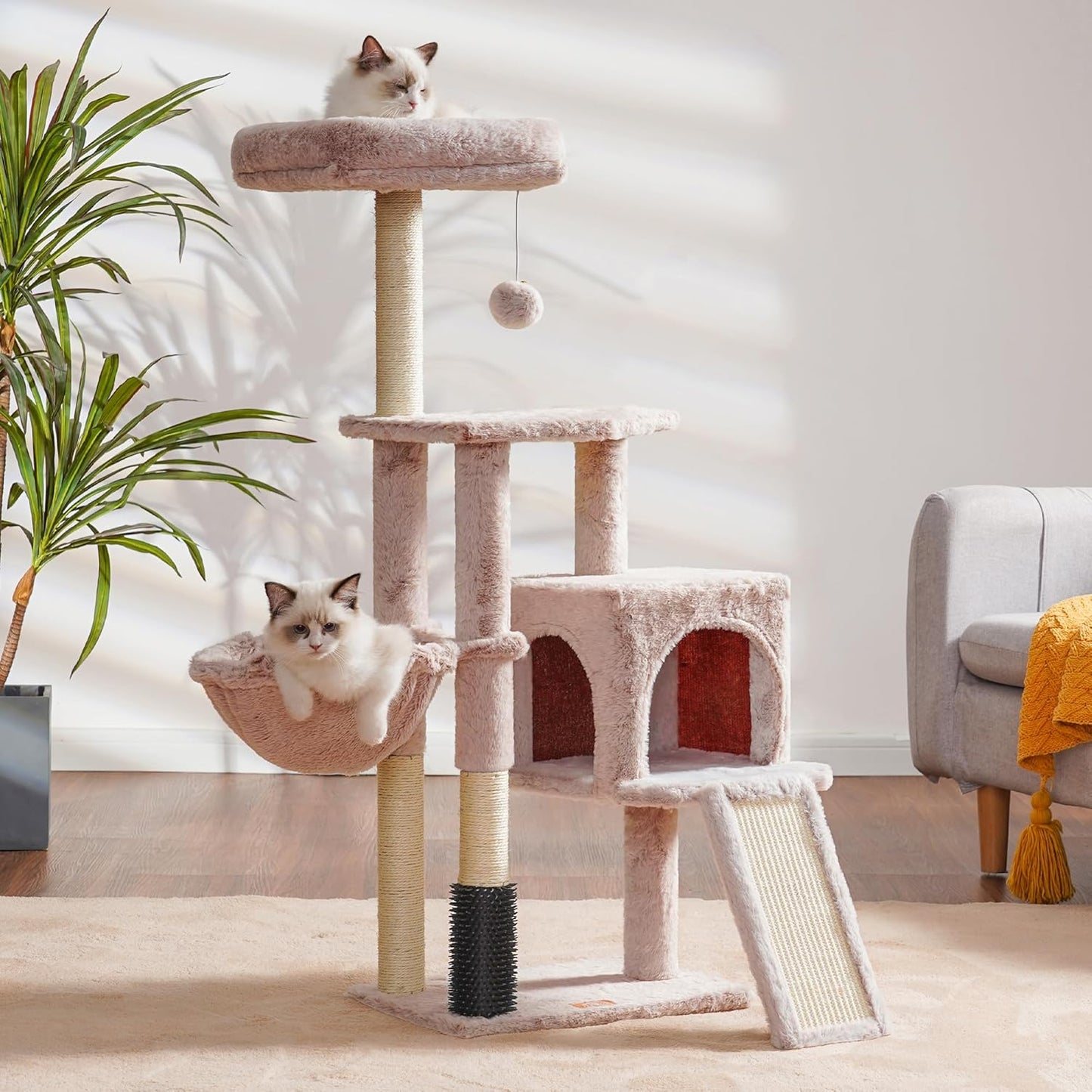 Heybly Cat Tree with Cat Self Groomer Brush, Cat Tower Condo for Indoor Cats with Padded Plush Perch, Cat House with Basket Scratching Board Post, Muchroom HCT005SMU