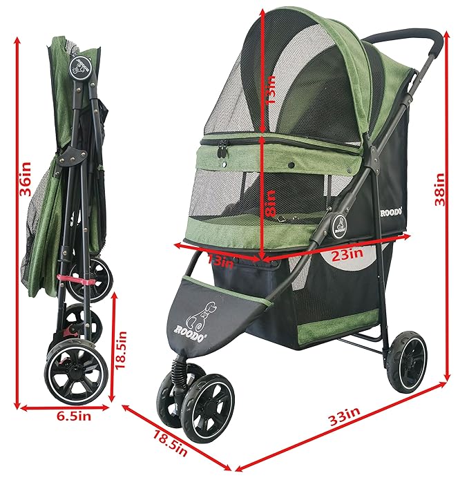 ROODO 3 Wheel Pet Stroller Best Lightweight Foldable Compact Portable Jogger All Terrain Travel Pet Gear Puppy Kitty Stroller for up to 30lbs Medium Small Dogs and Cats(Green)