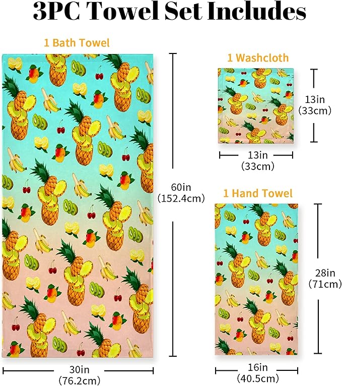 Gaming 3 Piece Towel Bathroom Sets, 1 Bath Towel, 1 Washcloth, 1 Hand Towel, Cotton Fast Dry Soft Absorbent Towel Set for Home Kitchen Family (Summer Fruits)
