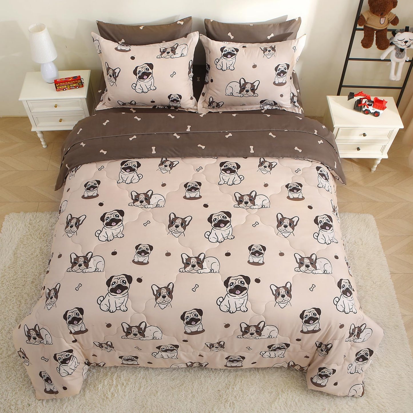Kids Comforter Set 7 Piece Bedding Cute Dog Cartoon Animal Bed Microfiber Comforter Full Size All Season (1 Comforter, 1 Flat Sheet, 1 Fitted Sheet, 4 Pillowcase)