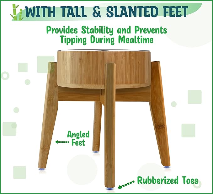 Dog Bowls Elevated, 12-inch High, 5-Cup Cap - Set of Bamboo Holder, Stainless Inner Dish and Stand - Ideal for Medium to Large Breeds - All-Detachable Parts