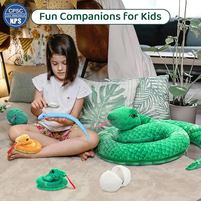 MorisMos Giant Snake Stuffed Animals Mommy with Babies, Realistic Snake Plush Toy,Large Stuffed Snake with Babies & Egg Plushies, Long Green Boa Constrictor Anaconda Toys for Kid Girl Boy Christmas