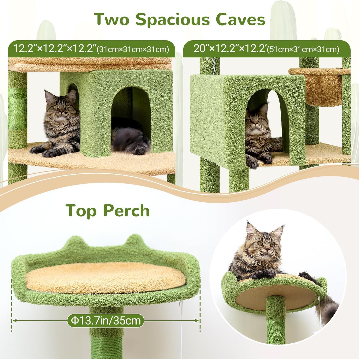 Globlazer Heavy Duty Cactus Cat Tree for Large Cats, Sturdy 72in Maine Coon Cat Tree for Large Cats 20 lbs+ Cactus Cat Tower for Adult Biggest Cats with 6 Scratching Posts, Hammock, S72, Green
