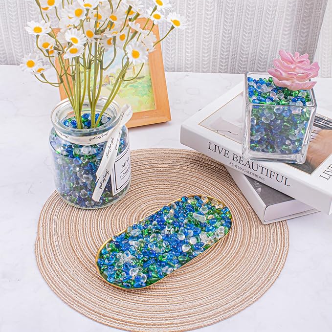 Keedolla Aquarium Glass Pebbles Stones Fish Tank Rocks Gravel, Green Mix Glass Gemstones Fish Bowl Rocks for Vase Fillers, DIY Crafts, Home Decor - 15 Oz, 6-9mm