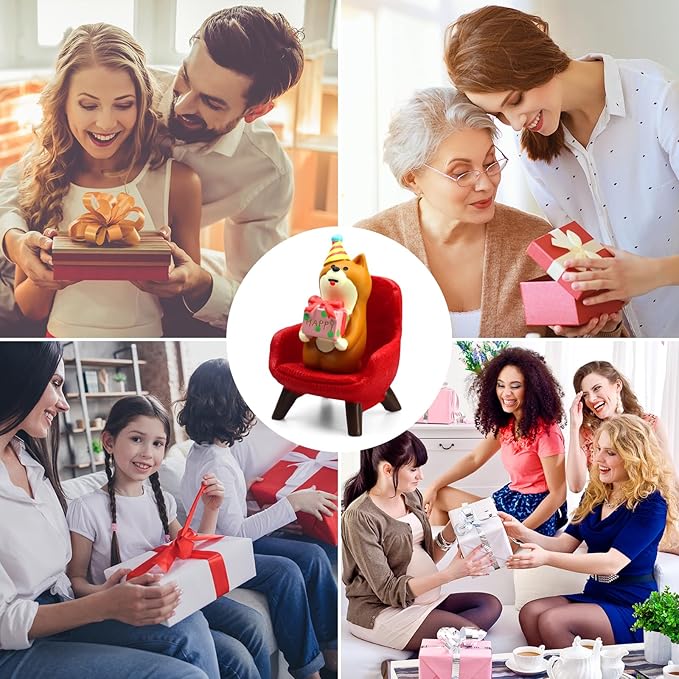 Cute Mini Puppy Holding a Gift - Resin Figurine for Office, Home Decoration for Dog Lovers - Red Sofa