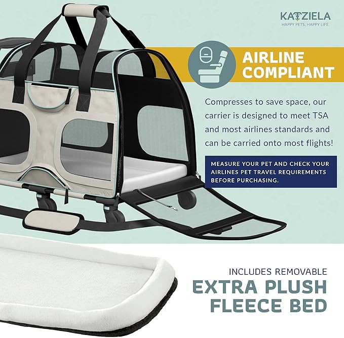 Katziela Pet Carrier - Airline Compliant Dog Carrier - TSA Approved Pet Carrier for Small Dogs and Cats - Soft FAA Travel Airplane Dog Carrier Luggage (Grey/Brown-Pro)