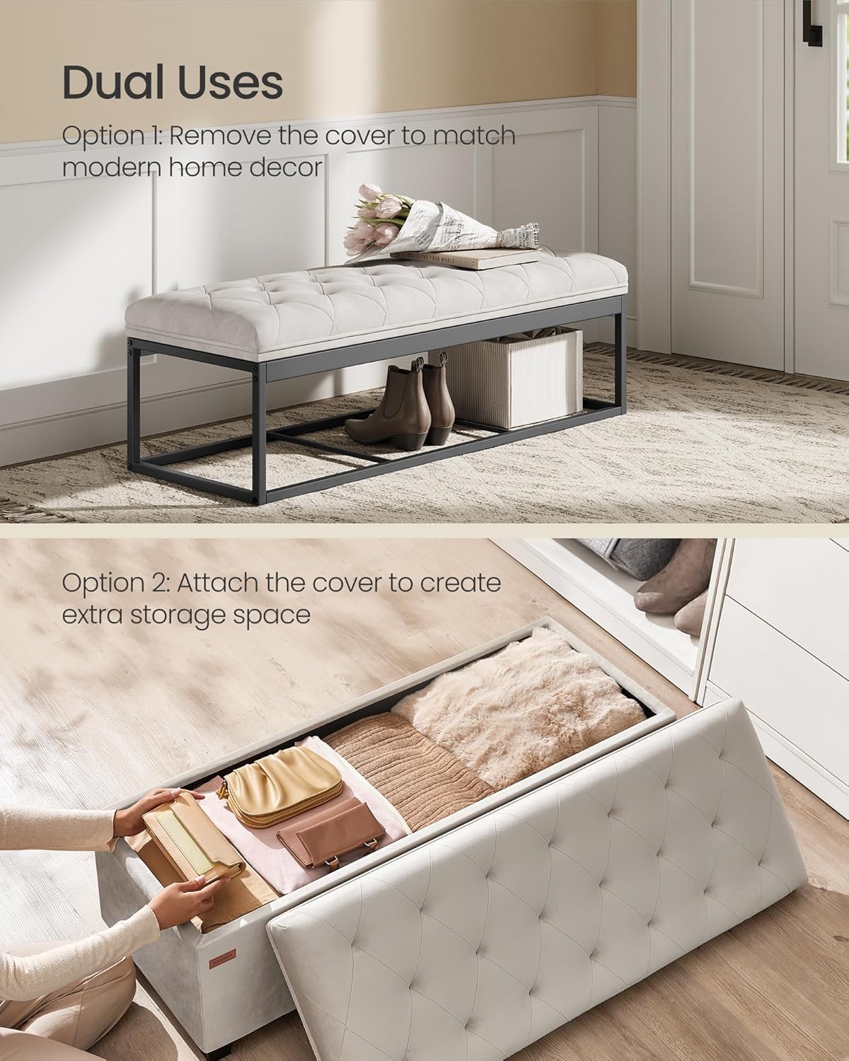 SONGMICS Velvet Storage Ottoman Bench, Foot Rest with Legs, 15.7 x 43 x 15.7 Inches, End of Bed Bench, Storage Chest, Load up to 660 lb, for Living Room, Bedroom, Entryway, Cream White ULSF089W01