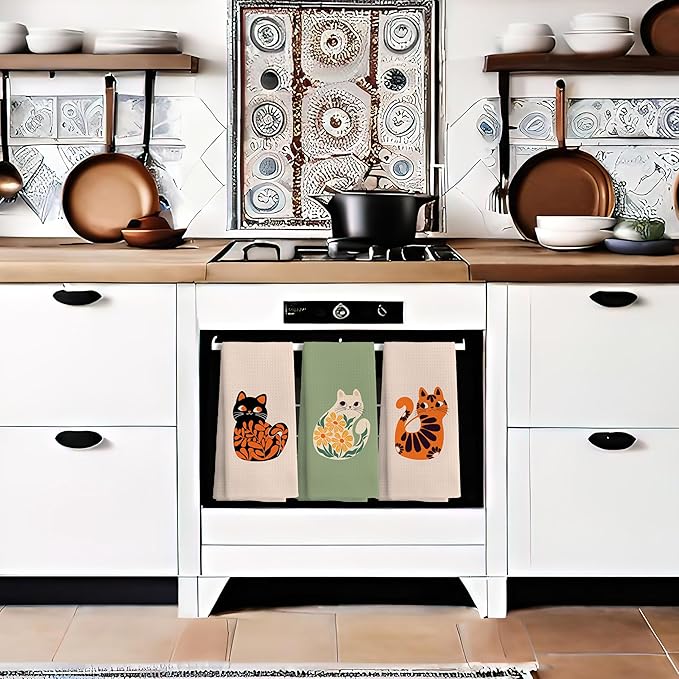 Cat Kitchen Towels - Cat Mom & Lady Gifts, 16x24 Inch Set of 3 Hand & Dish Tea Towels