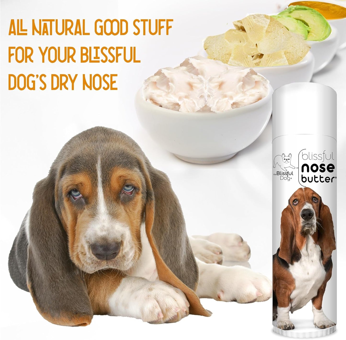 The Blissful Dog Basset Hound Nose Butter for Dry, Cracked Skin, Lick-Safe Dog Nose Balm with Moisturizing Shea Butter, Almond, Olive, and Essential Oils, Pet Supplies, Uncented, 0.50 oz.