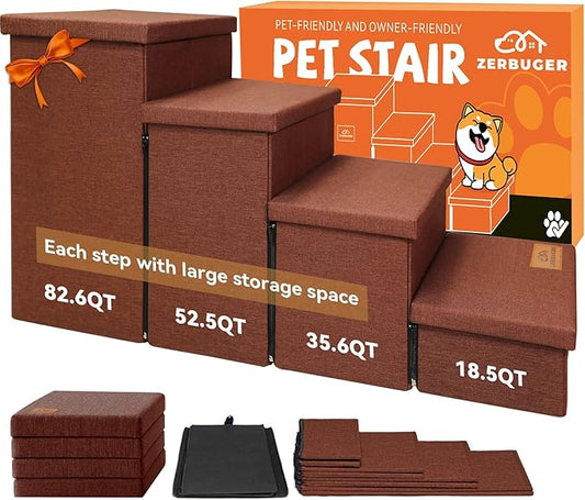 Dog Stairs with Storage 23" H, 4-Step Wider Dog Steps for High Beds Window, Folding Sturdy Pet Stairs Gift for Small/Medium/Large Old Dogs Cats, Ramp for Climbing Car Up to 200 lbs, Brown