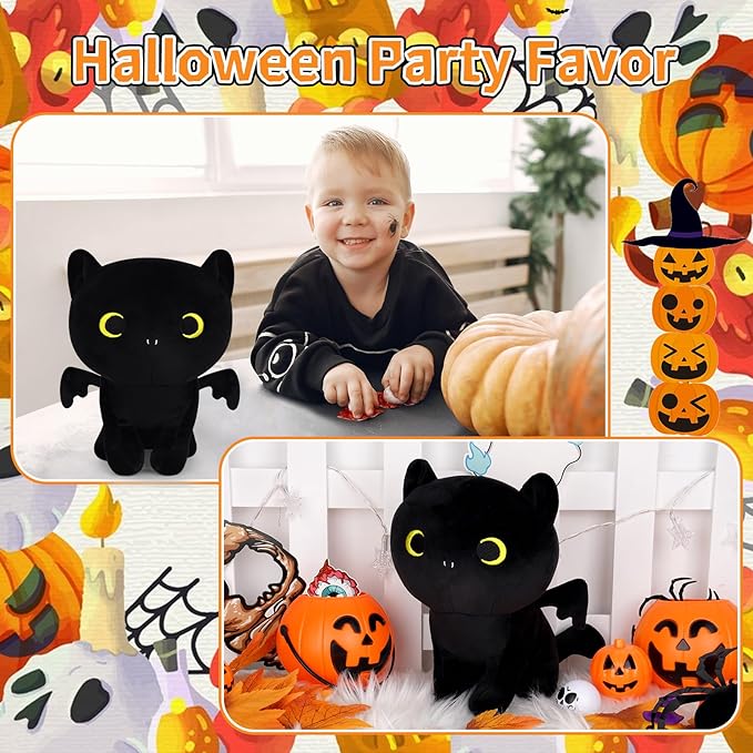 Halloween Cat Plush, Black Cat & Bat Plushies for Kids, Soft Stuffed Animal, Party Favor