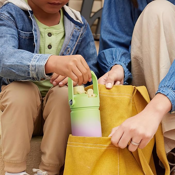 Kids Insualated Water Bottle with Straw - 12oz Stainless Steel Water Bottle with Dual Spouts, Leak-Proof, BPA-Free, Double Wall Vacuum Keeps Cold for 24 Hours for Sports, Travel, School (Tawny Orange)