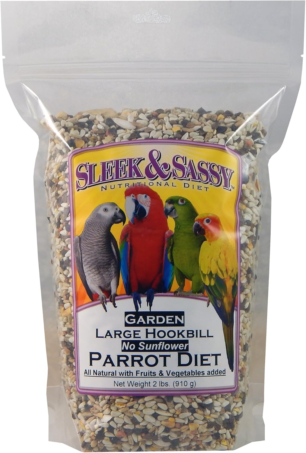 SLEEK & SASSY Garden Large Hookbill No Sunflower Parrot Food for Large Conures, Amazons, African Greys, Cockatoos, Pionus-Parrots & Small Macaws (2 lbs.)