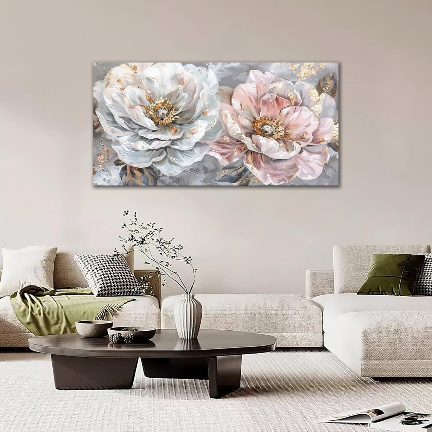 Extra Large Flower Wall Art Pink and White Floral Canvas Living Room Golden Pictures Framed Prints Oversize Wall Decor Big Painting Artwork for Bedroom Dining Office Home 60"x30"