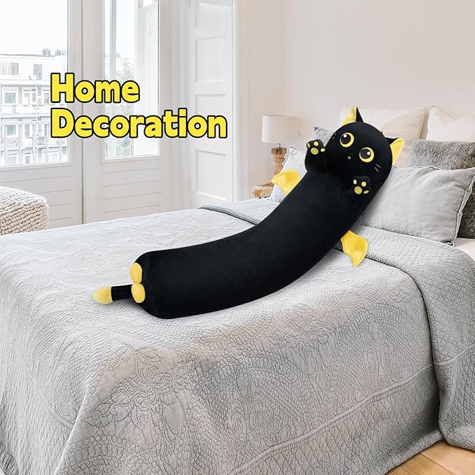 Long Cat Plush Body Pillow, 44” Cute Black Cat Stuffed Animals Plushies, Kawaii Big Squishy Plush Toys Gift for Kids Girls Boys