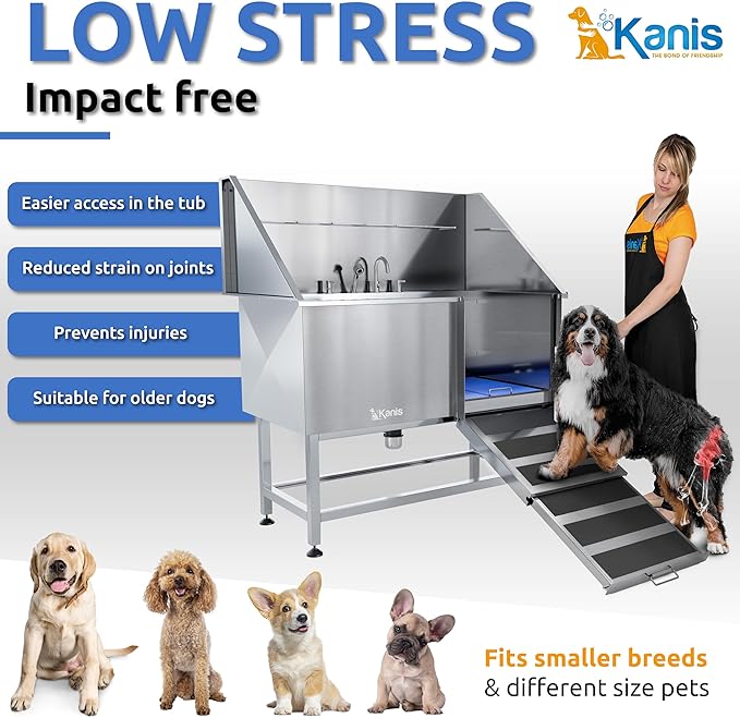 KANIS Professional Dog Washing Station - 304 Stainless Steel Pet Wash Sink & Grooming Bath Tub for Home with Ramp, Shower, Floor Grate, Storage Shelf, Faucet, Drain Kit for Large, Medium & Small Pets