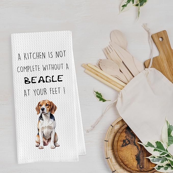 Funny Beagle Dish Towels Set - Beagle Gifts Decorative Waffle Weave Kitchen Towels, Hand Towel, Tea Towel (16×24 Inches, Set of 2)