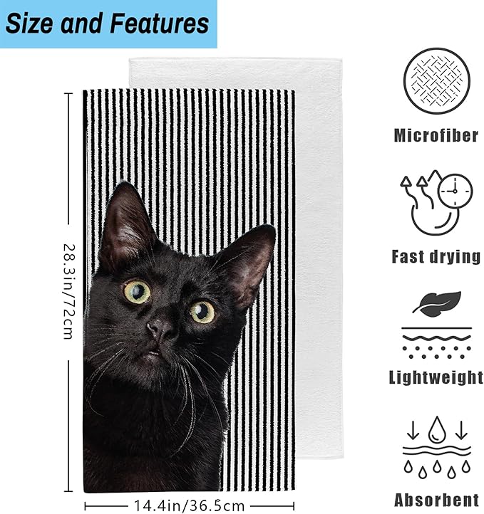 Cute Black Cat Hand Towel for Bathroom Set of 2,Cat on Black White Stripes Bathroom Hand Towel,Soft Absorbent Decorative for Hotel Gym Yoga Home Decor