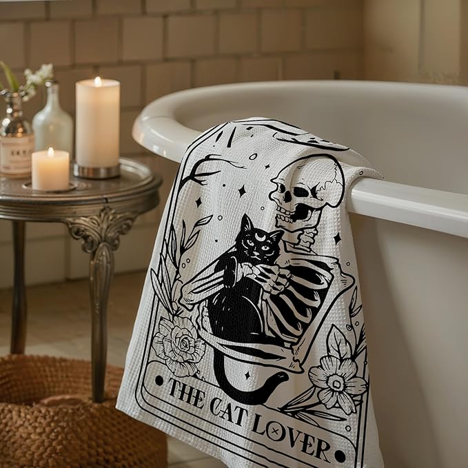 Tarot Kitchen Towels, Black Cat Skeleton Gothic Decor, Cat Lover Gifts, Tarot-Themed Bathroom Towels, 16x24 Inch