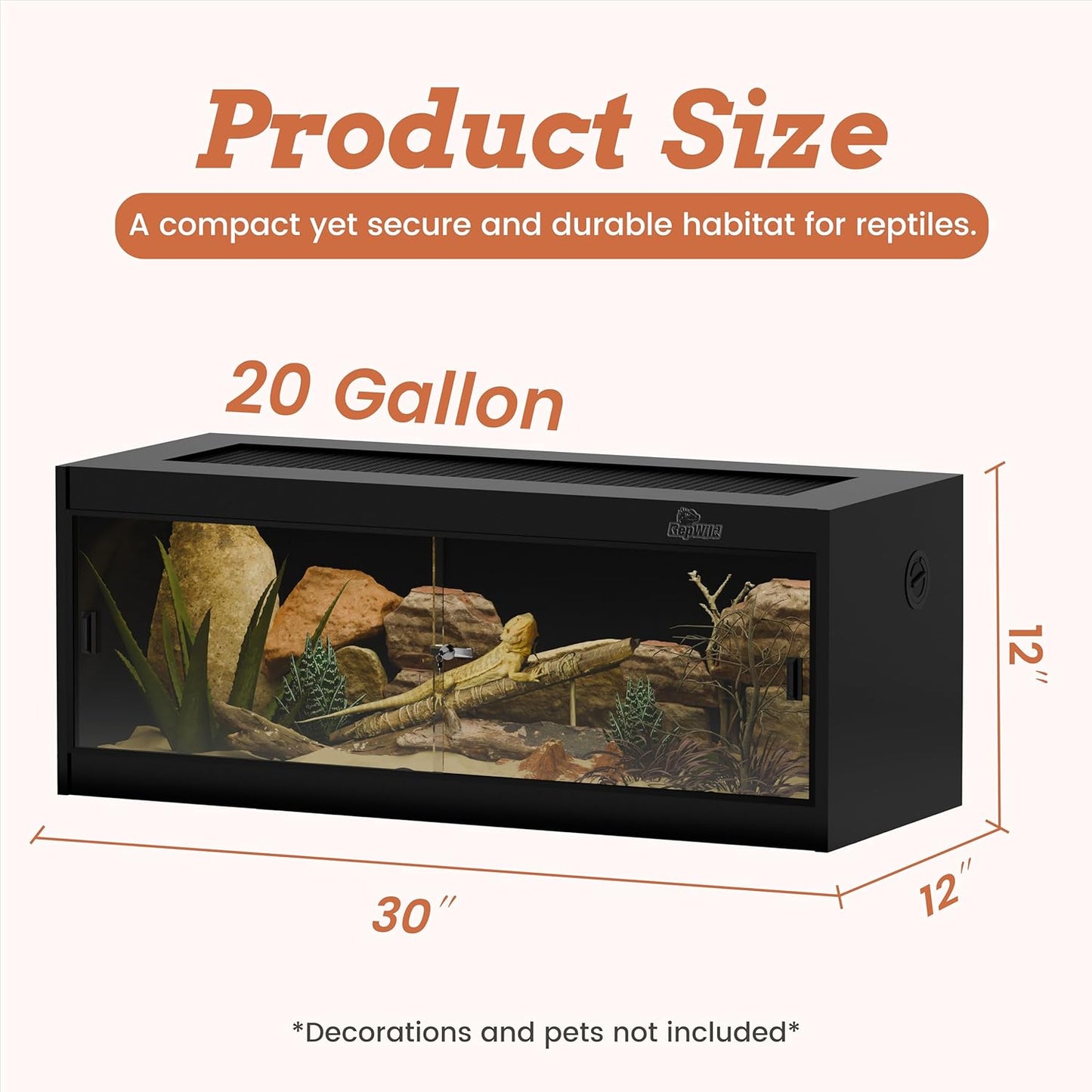20 Gallon PVC Reptile Enclosure, RepWild 30"x12"x12" Terrarium/Tank with Heavy-Duty Screen Top, Glass Sliding Doors & Lock for Bearded Dragons, Ball Python, Geckos, Lizards
