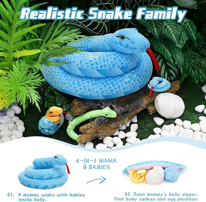 MorisMos 6 PCS Giant Snake Stuffed Animals Mommy with 3 Babies & 2 Eggs,55" Mama Stuffed Snake Toy for Kid Girl Boy,Realistic Blue Anaconda Toy,Colorful Baby Python Toys for Jungle-Themed Party Decor