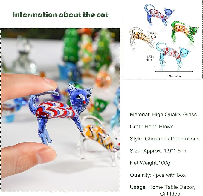HDCRYSTALGIFTS 4PCS Hand Blown Glass Cat Figurines Collectible, Art Glass Cat Miniature Animal Statue Kitten Sculpture for Home Decor Gift