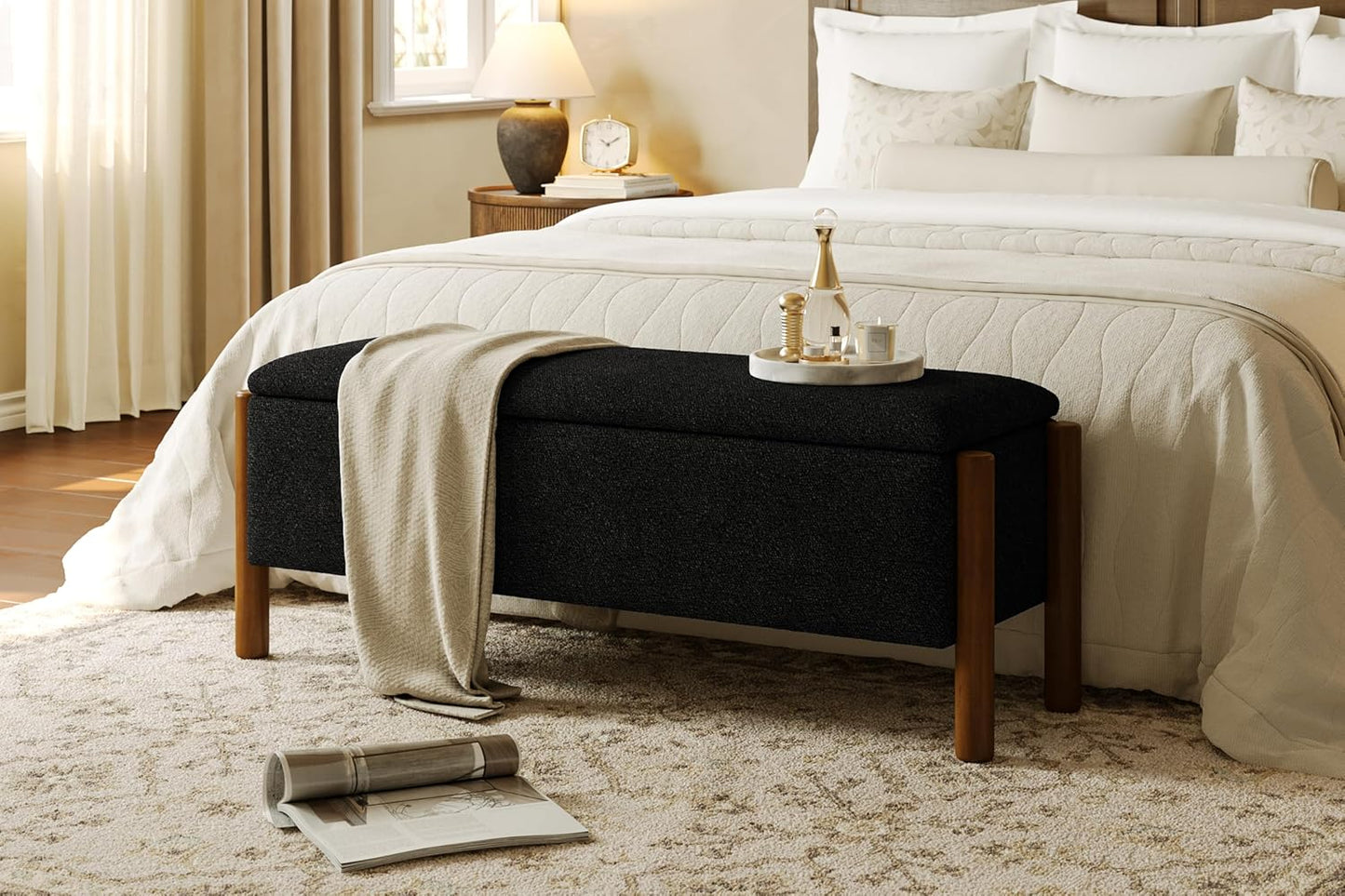 Modern Storage Benches with Walnut Wood Legs, 47'' Ottoman Bench with 20 Gallons Storage Space for Bedroom End of Bed, Fabric Upholstered Entryway Bench with Seating for Livingroom, Black