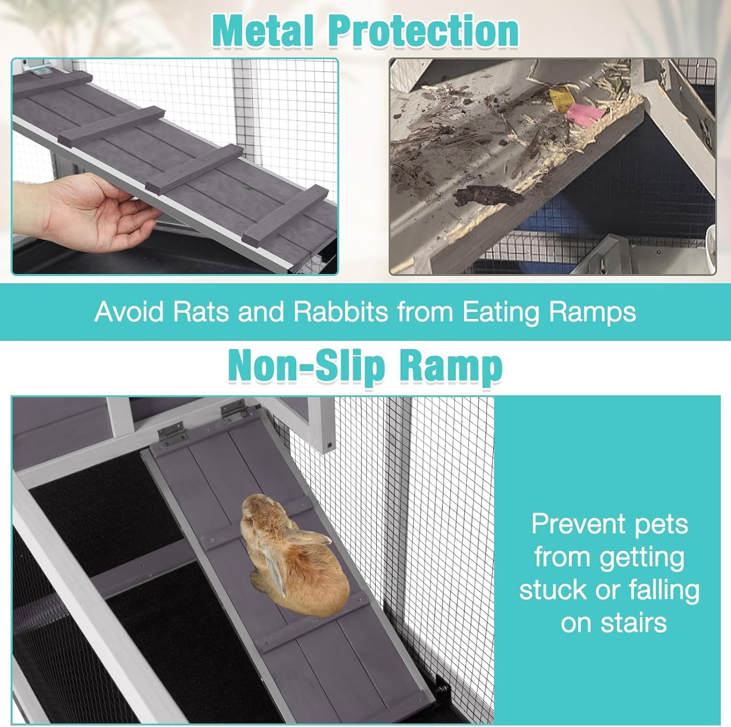 62" Rabbit Hutch with Chew-Proof Ramp & Waterproof Roof - Indoor/Outdoor Bunny Cage, 2-Story Design, 6 Lockable Caster Wheels & Dual Pull-Out Trays (Grey)