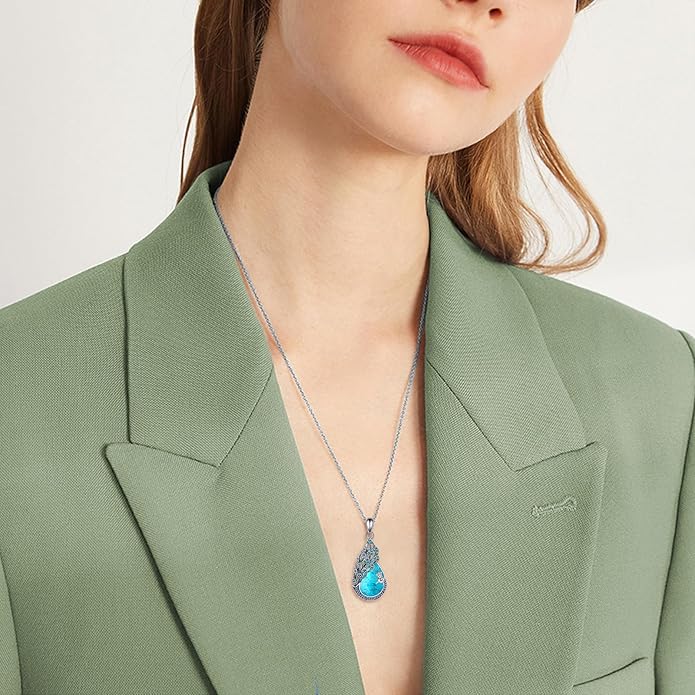 Sterling Silver Blue Opal Turquoise Peacock Pendant Necklace - Peacock Jewelry Gifts for Women