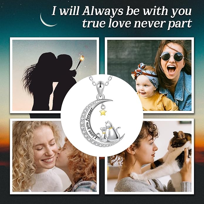 Cat/Rabbit/Bear Necklace 925 Sterling Silver Animal on Moon Pendant Necklace Jewelry Gifts for Women